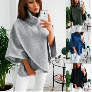 Poncho cape pour femme à col montant et manches chauve-souris