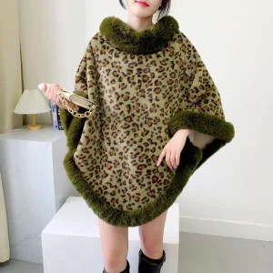 Cape poncho manteau pour femme en fausse fourrure de lapin à motif léopard