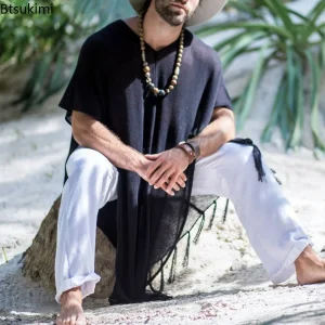 Poncho mi-long, léger, style plage avec franges