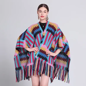 Poncho cape femme à rayures colorées porte-bonheur