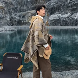 Poncho châle à capuche en laine épaisse, à carreaux chaude