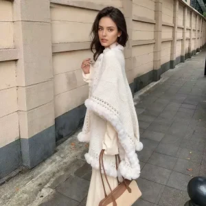 Poncho femme style chinois effet fourrure