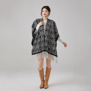 Poncho femme effet alpaga à franges