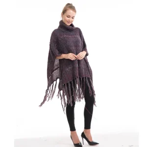 Poncho femme col montant avec franges