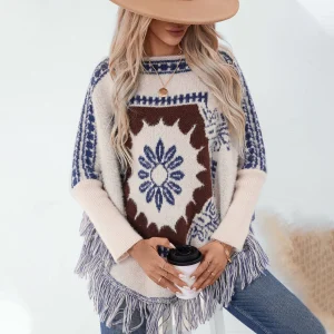 Poncho femme géométrique vintage col bateau